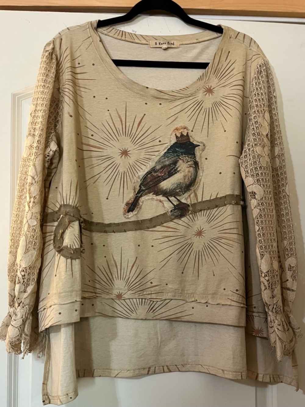 A Rare Bird
Starburst Appliqued Bird Lace
Sleeve Hi-Low Hem Shirt OS. New Boho